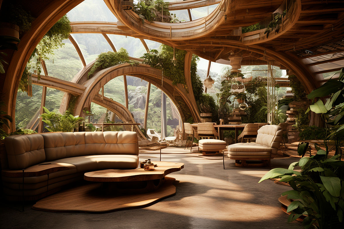 Interiorismo futurista con materiales sostenibles 